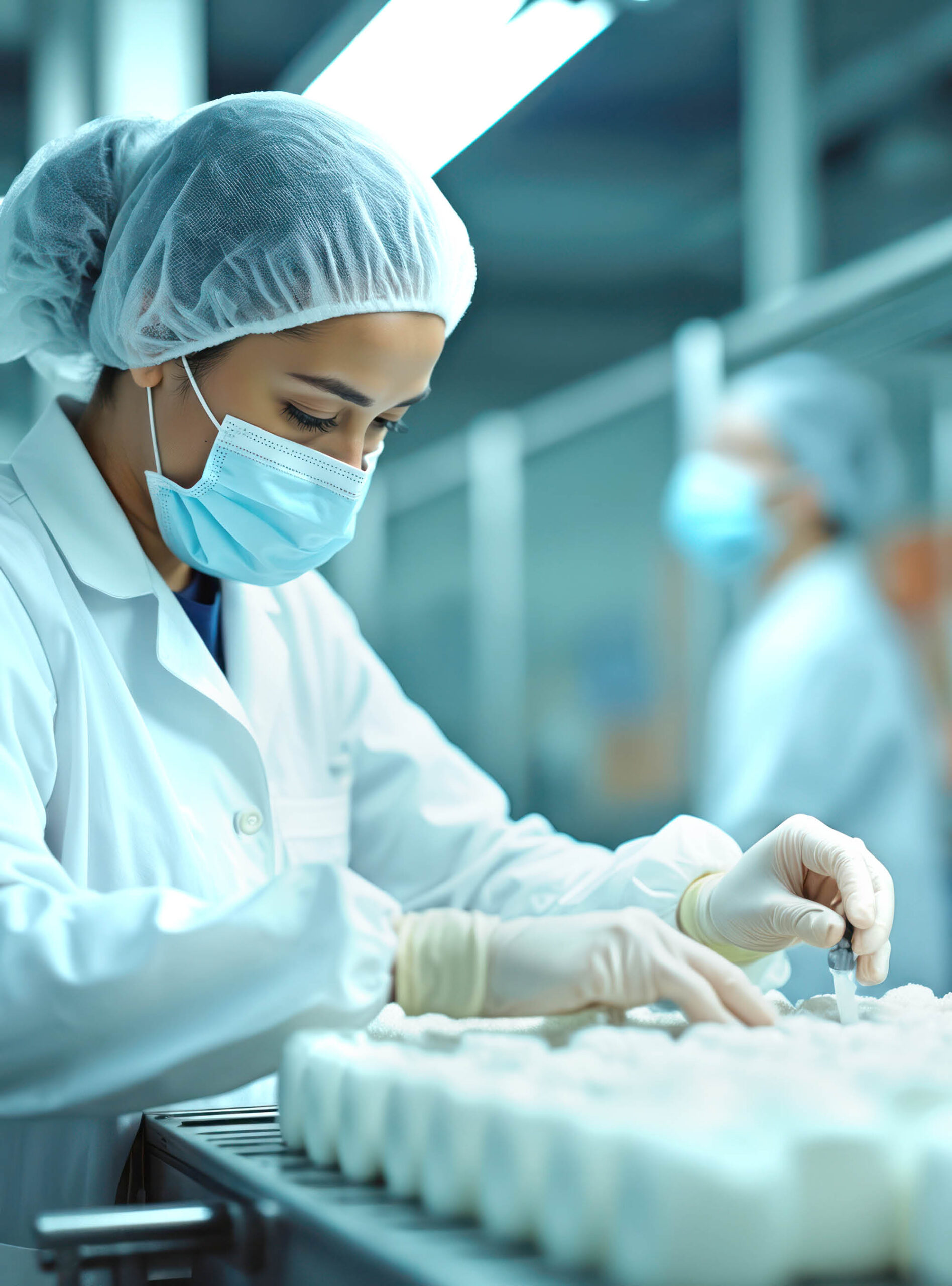 labor technician inspecting samples in sterile pharmaceutical production environment